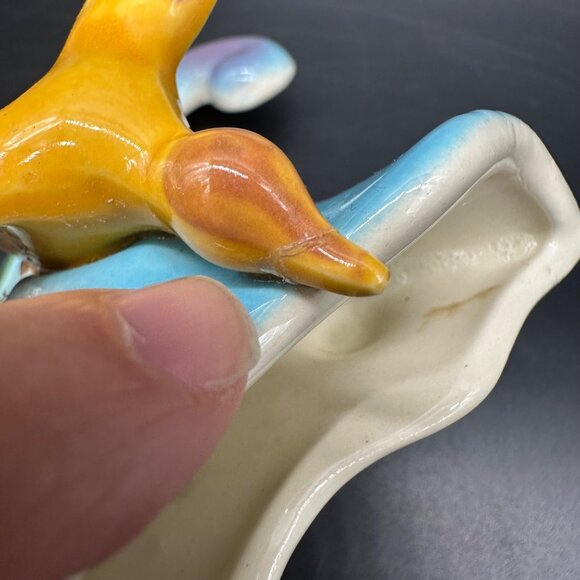 Vintage Wall Pocket Vase Mid Century Decor Flying Duck Blue Yellow Bird USA - Picture 6 of 11